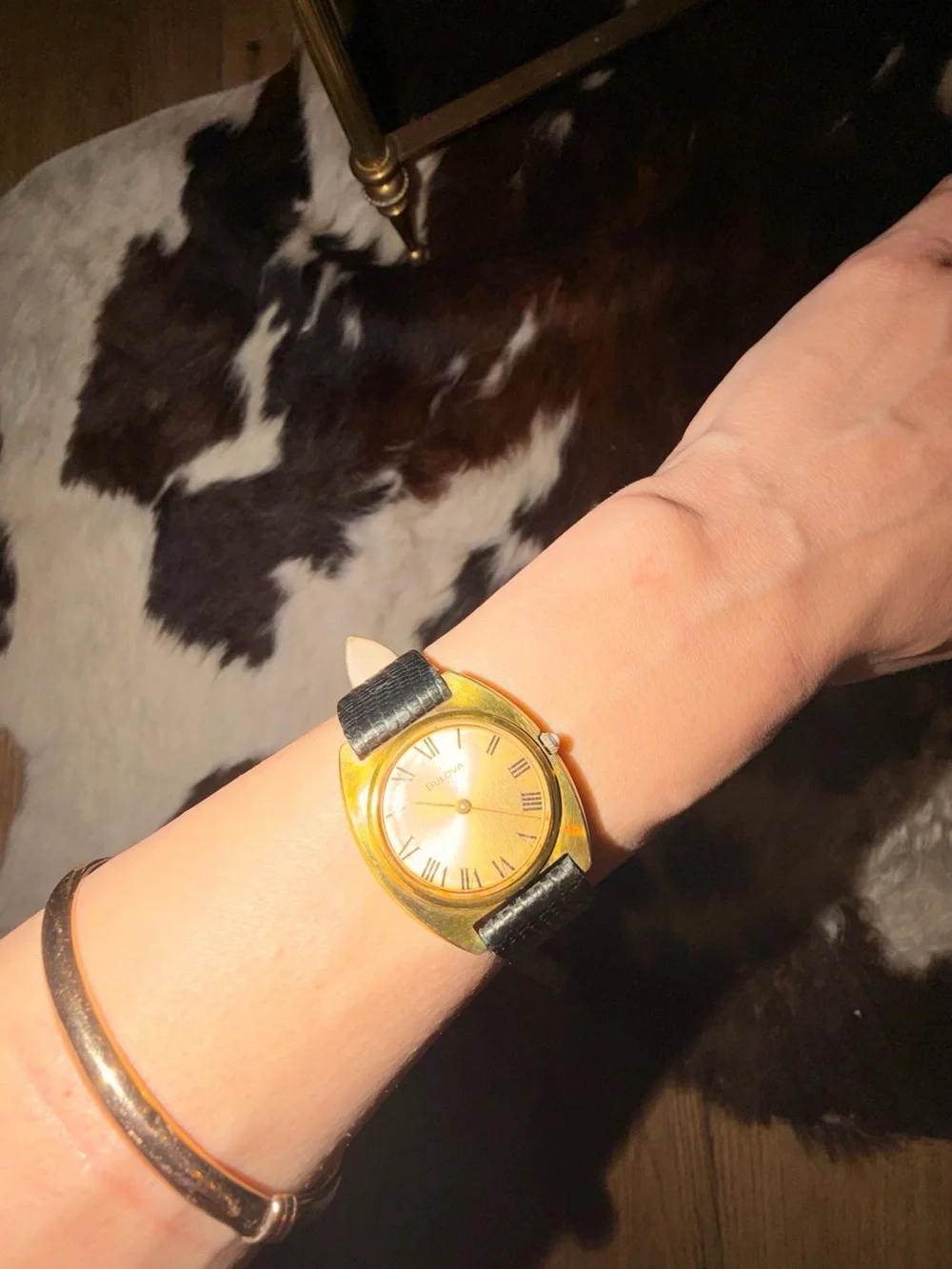 Bulova Gold Dial Dress Watch with Black Leather Strap